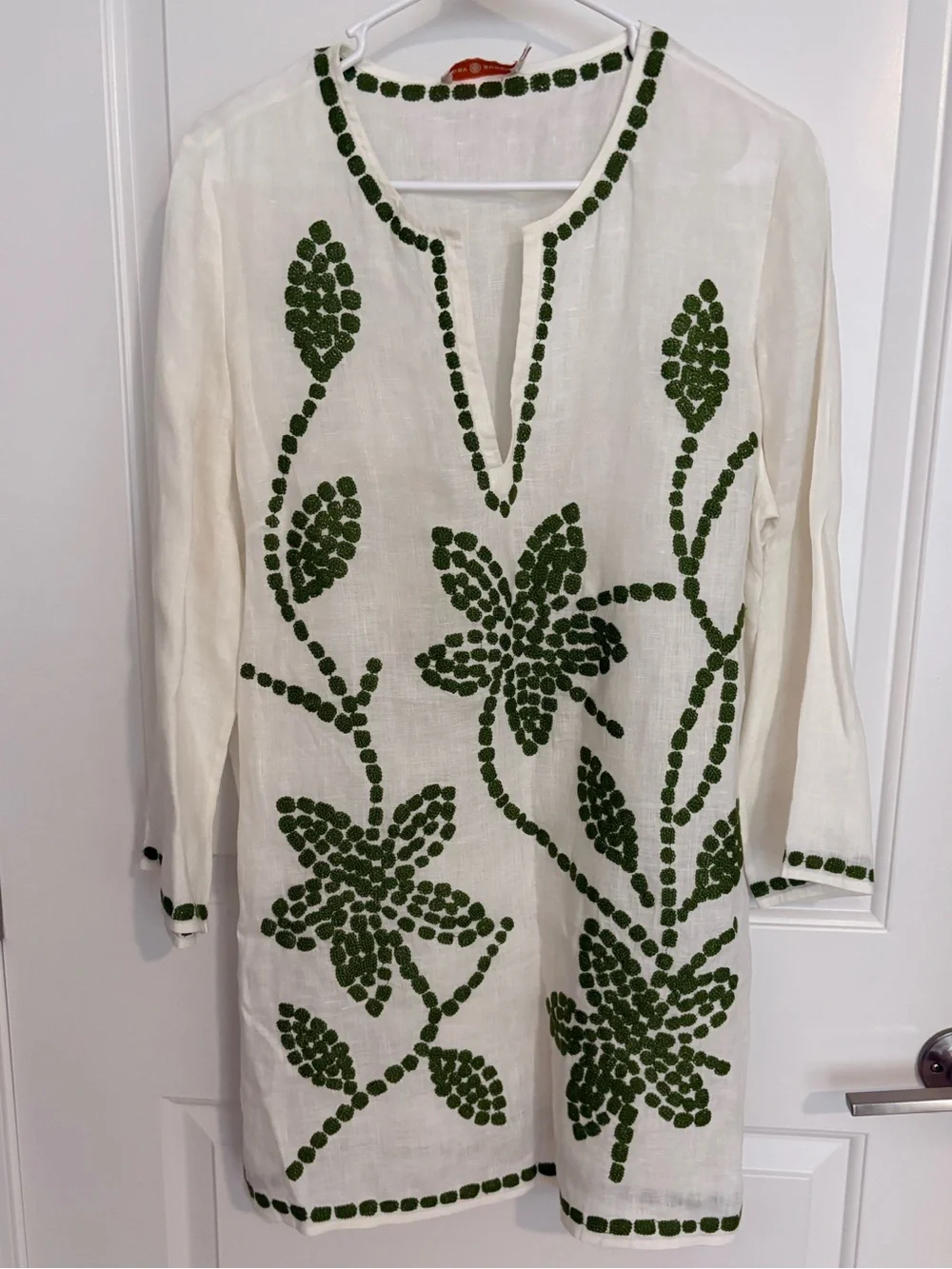 Tory Burch White Tunic with Green Floral Embroidery NWOT